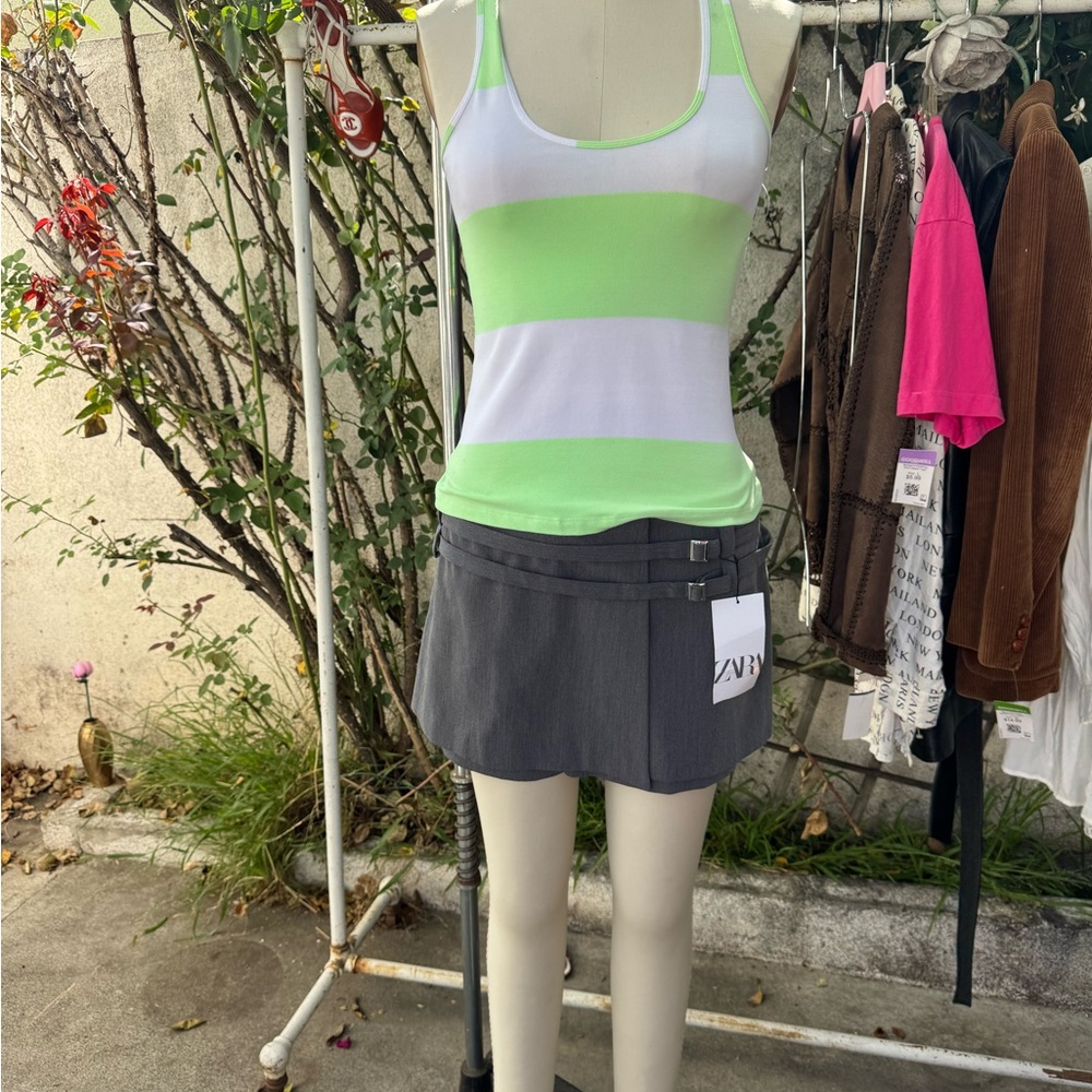 Green & White Striped Tank Top with Grey Mini Skirt